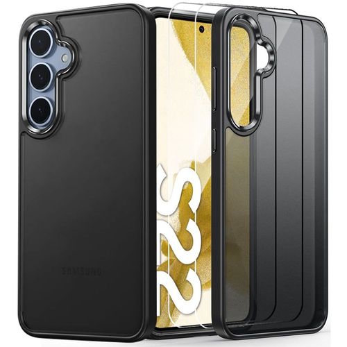 Coque + 2 Verres Trempés Pour Samsung Galaxy S22 - Coque Antichoc Semi-Rigide Silicone Noir Avec Dos Translucide Pc - E.F.Connection