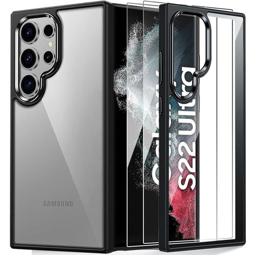 Coque + 2 Verres Trempés pour Samsung Galaxy S22 Ultra, Protection Antichoc Transparent avec Bordure Silicone Noir - E.F.Connection