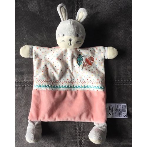 Doudou Lapin blanc gris rose plume indien Mots d'enfants