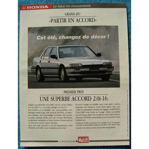 Publicité Papier - Voiture Honda Accord 2.0i-16 De 1989