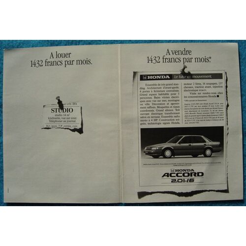 Publicité Papier - Voiture Honda Accord 2.0i-16 De 1989