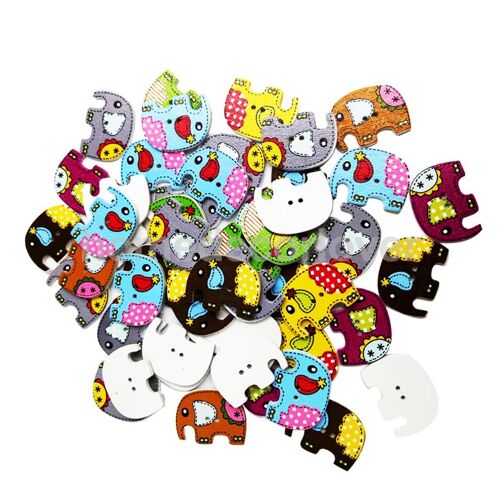 Assortiment De 50 Pièces De Boutons Plats En Bois | 2 Trous En Forme D'éléphant De Couleur, Boutons Pour La Couture, Artisanat, Scrapbooking