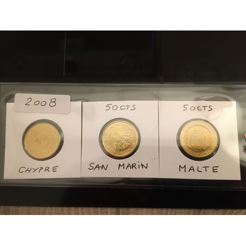 3 Pieces Neuves Unc De 50 Cts Chypre San Marin Malte Annee 2008