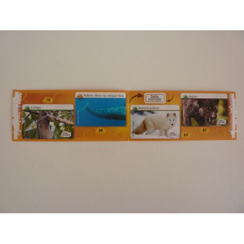 Autocollants Auchan 2020 "Défis Nature" : 15 : Colugo, 39 : Baleine Bleue Ou Rorqual Bleu, 63 : Renard Polaire, 87 Jaguar