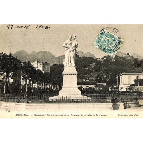 Carte Postale Ancienne, France, Alpes Maritimes ( 06 ), Menton, Monument Commémoratif De La Réunion De Menton À La France