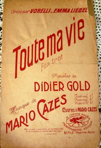 Toute Ma Vie - Fox Trot - Oeuvres De Mario Cazes - 1926