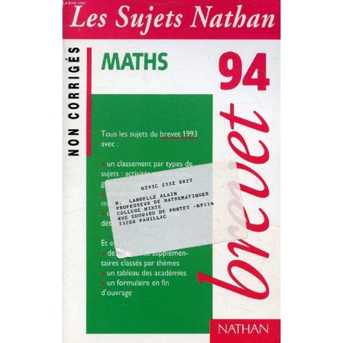 Les Sujets Nathan Non Corriges. Maths. Brevet 94