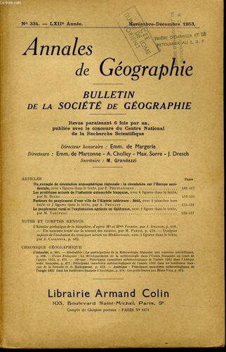 Annales De Geographies Bulletin De La Société Géographique) N°334 : Un Exemple De Circulation Atmosphérique Régionale - Les Problèmes Actuels De L'industrie Automobile Française - Facteurs ...