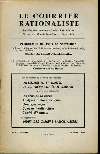 Le Courrier Rationalisten°8 (Supplément Mensuel Aux Cahiers Rationalistes) : Instruments Et Limites De La Prévisions Économique - Les Fausses Sciences - Analyses Bibliogrpahiques - Ouvrages ...