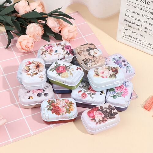 Mini bibelot à fleurs en fer blanc, boîte à bijoux, boîte à pièces en fer blanc, mallette de rangement rectangulaire pour sucre