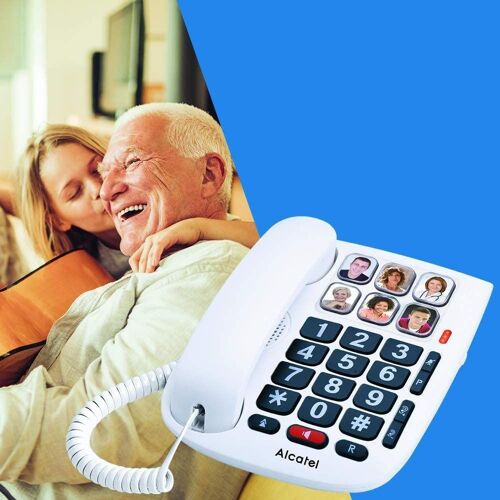 téléphone Filaire Larges Touches pour Les séniors et 6 Photos mémoires blanc