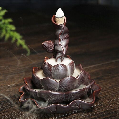 Encensoir à reflux en céramique Lotus noir, brûleur de fumée à arôme, méditation Zen