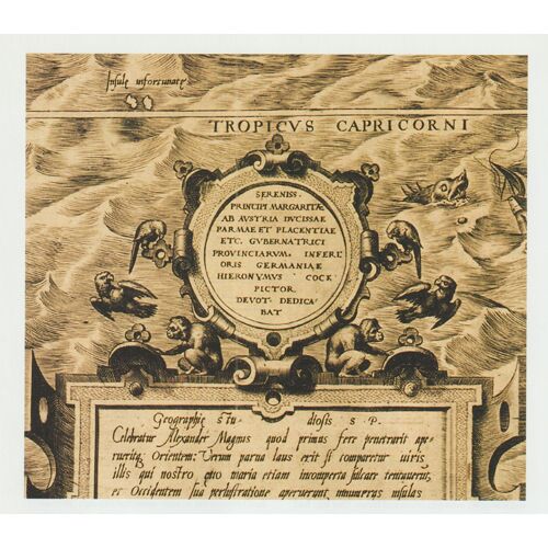 Photo Provenant D'un Magazine Anglophone : Colophon Of The Diego Gutierrez Map Of The New World ,1562, Adorned With Monkeys And Parrots
