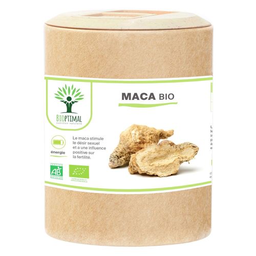 Maca Bio - Complément Alimentaire Bioptimal - Superaliment - Poudre Maca Pérou - Gélule De 300 Mg - Energie Sexualité Fertilité Aphrodisiaque - Conditionné En France - Certifié Ecocert - 200 Gélules 