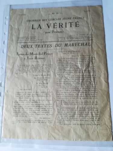 Feuille Unique Recto Verso " La Vérité Aux Français " Août 1941 - Courrier De Cercles Jeune De France - 2 Textes Au Maréchal Petain De Jean Rivain Et Sa Réponse