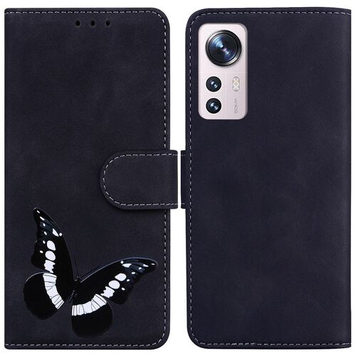 Saturcase Coque Pour Xiaomi 12 Pro / 12s Pro, Motif Papillon Imprimé Pu Cuir Magnétique Flip Portefeuille Support Porte-Carte Protecteur Housse Étui Pour Xiaomi 12 Pro / 12s Pro (Cy-Noir)