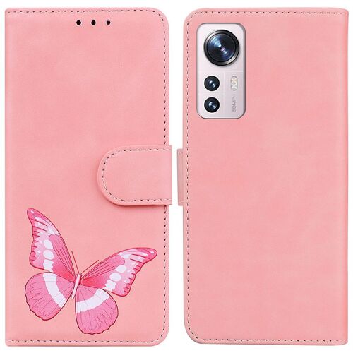 Saturcase Coque Pour Xiaomi 12 Pro / 12s Pro, Motif Papillon Imprimé Pu Cuir Magnétique Flip Portefeuille Support Porte-Carte Protecteur Housse Étui Pour Xiaomi 12 Pro / 12s Pro (Cy-Pink)