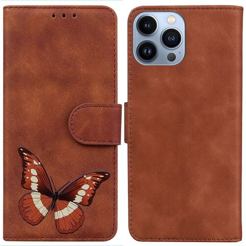 Saturcase Coque Pour Apple Iphone 14 Pro Max, Motif Papillon Imprimé Pu Cuir Magnétique Flip Portefeuille Support Porte-Carte Protecteur Housse Étui Pour Apple Iphone 14 Pro Max (Cy-Marron)