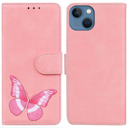 SATURCASE Coque pour Apple iPhone 14 Plus, Motif Papillon Imprimé PU Cuir Magnétique Flip Portefeuille Support Porte-carte Protecteur Housse Étui pour Apple iPhone 14 Plus (CY-Pink)