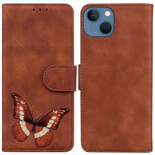 SATURCASE Coque pour Apple iPhone 14 Plus, Motif Papillon Imprimé PU Cuir Magnétique Flip Portefeuille Support Porte-carte Protecteur Housse Étui pour Apple iPhone 14 Plus (CY-Marron)