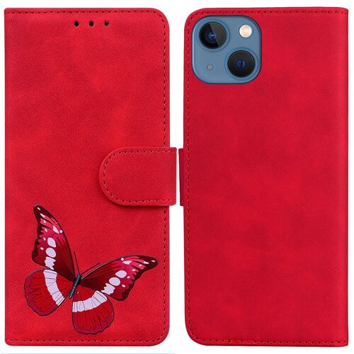 SATURCASE Coque pour Apple iPhone 14 Plus, Motif Papillon Imprimé PU Cuir Magnétique Flip Portefeuille Support Porte-carte Protecteur Housse Étui pour Apple iPhone 14 Plus (CY-Rouge)