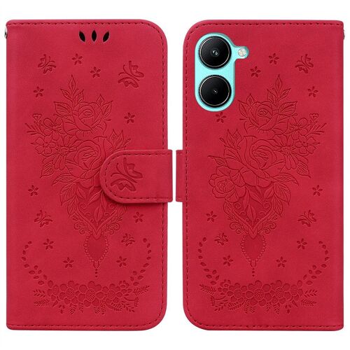 Saturcase Coque Pour Realme C33, Une Rose Pu Cuir Magnétique Flip Portefeuille Support Porte-Carte Dragonne Protecteur Housse Étui Pour Realme C33 (Rouge)