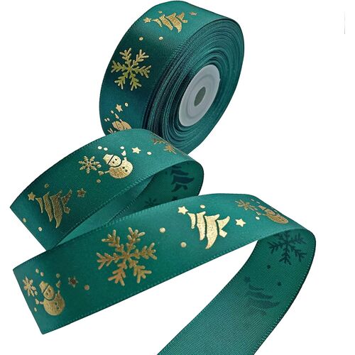 22 Mètres Ruban de Noël en Satin rubans imprimé avec arbre de Noël doré bonhomme de neige flocons de neige, Ruban Joyeux Noël pour Décoration et emballage Cadeau (Vert)