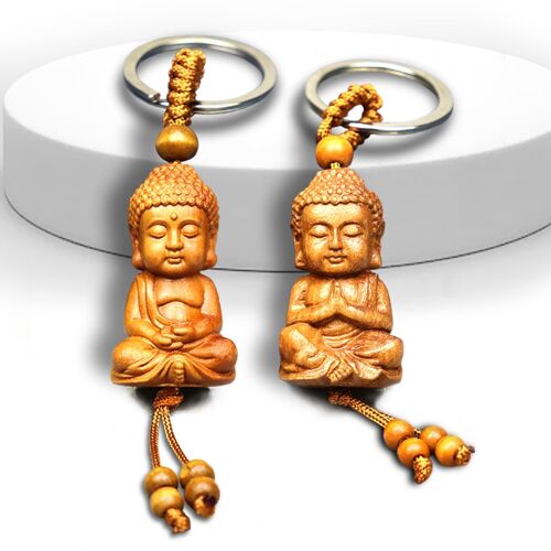 2 Pièce Porte-Clés Bouddha en Bois Bouddhisme Keychain Mini Bouddha Porte Bonheur Convient pour Le Cadeau Porte-Bonheur Pendentif Voiture Bricolage