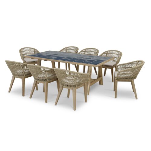 Ensemble De Table En Bois Et Céramique Bleue Et 8 Chaises En Corde