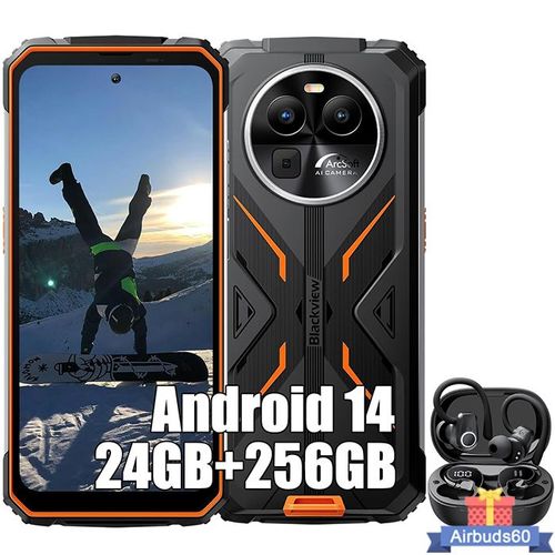 Blackview BV8100 Smartphone Incassable 6,5" Android 14 (8+16)Go+256Go 50MP+32MP 8800mAh Orange avec Écouteurs Bluetooth Airbuds 60(Noir)
