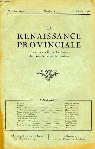 La Renaissance Provinciale, 9e Annee, N° 4, Avril 1923, Revue De Litterature Et D'art Des Gens De Lettres De Province