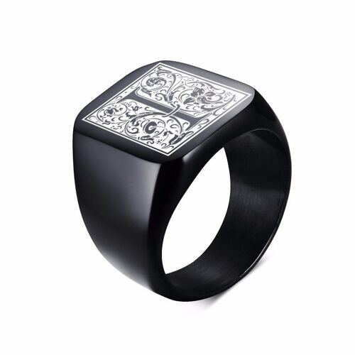 Monogramme Chevalière En Acier Inoxydable, Bagues De Motard Pour Hommes, Monogramme Fantaisie, Bande Supérieure Plate Carrée-Noir