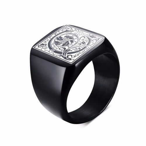 Monogramme Chevalière En Acier Inoxydable, Bagues De Motard Pour Hommes, Monogramme Fantaisie, Bande Supérieure Plate Carrée-Noir