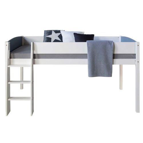 Lit Mezzanine Mi-Hauteur Avec Sommier À Lattes 90x200cm Échelle En Bois Blanc Et Gris Lit06168