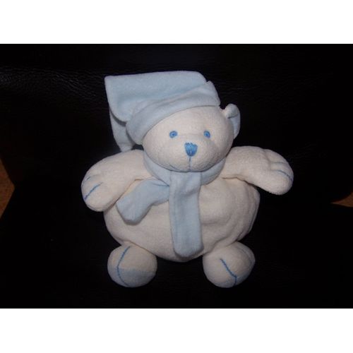 Doudou Ours Boule Jollybaby Bleu Et Blanc Echarpe Bleue