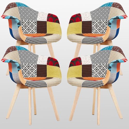 Lot De 4 Chaises En Tissu Patchwork - Design Scandinave - Accoudoirs - Salle À Manger, Salon, Bureau - Style Rétro