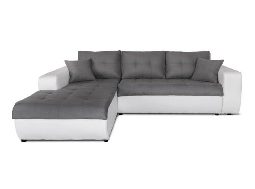 Canapé d'Angle SUZIE Convertible en Simili et Microfibre - Angle Gauche, Blanc / Gris