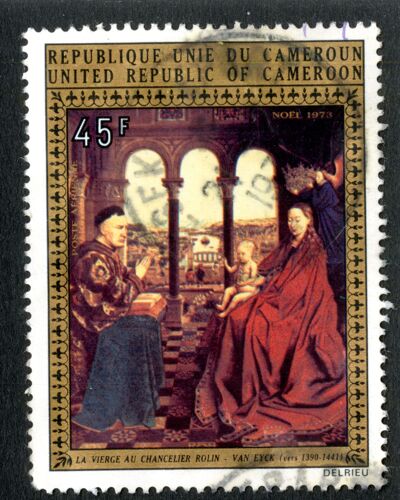 Timbre Oblitéré République Unie Du Cameroun, 45 F, Noel 1973, La Vierge Au Chancelier Rolin - Van Eyck Vers 1390 - 1441,