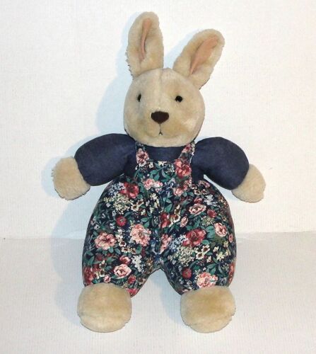 Peluche Lapin Beige Bleu Jemini En Salopette Tissus Fleurie Doudou Lapin 32 Cm