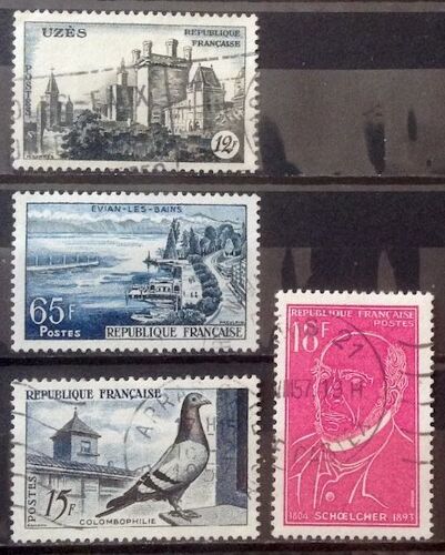 Colombophilie 15f (N° 1091) + Victor Schoelcher 18f (N° 1092) + Uzès 12f (N° 1099) + Evian-Les-Bains 65f Bleu-Noir (N° 1131) Obl - France Année 1957 - Brn83 - N33121