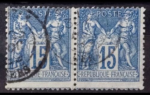 Sage 15c Bleu (Type Ii = N Sous U) (Jolis N° 90) - Paire Obl - Cote 5,00 - France Année 1877 - Brn83 - N29392
