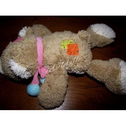Doudou Plat  Ours Couché  Cp International Peluche Marron Beige  Echarpe  Rose Ponpon Bleu