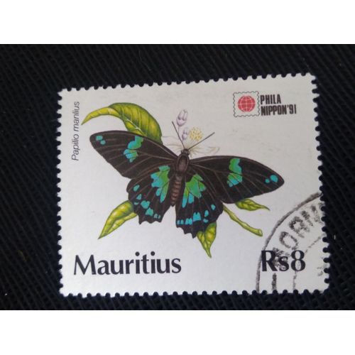 Timbre Ile Maurice Y T 767 Papillon Porte-Queue (Papilio Manlius) 1991 ( 020808 )