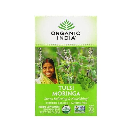 Organic India Thé Tulsi, Moringa, Sans Caféine, 18 Sachets À Infusion, 36 G