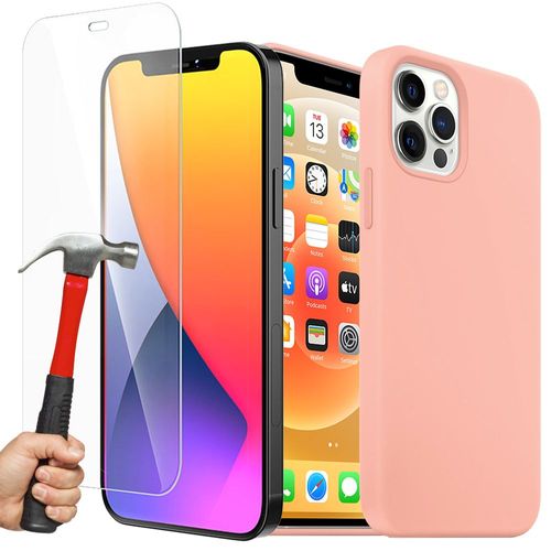 Coque Silicone Liquide + Verre Trempé Pour Iphone 12 Mini (5,4""), Housse Etui Antichoc - Rose