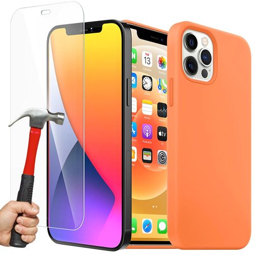 Coque Silicone Liquide + Verre Trempé Pour Iphone 12 Mini (5,4""), Housse Etui Antichoc - Orange