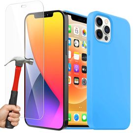 Coque Silicone Liquide + Verre Trempé Pour Iphone 12 Pro (6,1""), Housse Etui Antichoc - Bleu