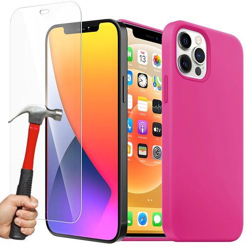 Coque Silicone Liquide + Verre Trempé Pour Iphone 12 Mini (5,4""), Housse Etui Antichoc - Fuchsia