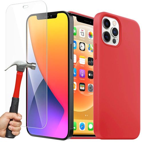 Coque Silicone Liquide + Verre Trempé Pour Iphone 12 Mini (5,4""), Housse Etui Antichoc - Rouge