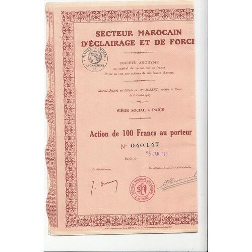 Secteur Marocain D'eclairage Et De Force Action De 100 Francs Au Porteur